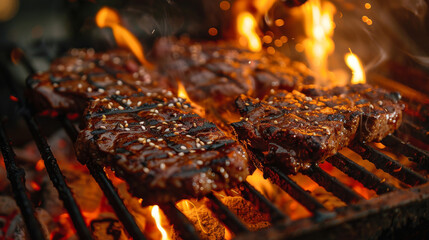 Fresh meat on hot grill. Beef, pork, chicken. BBQ.	