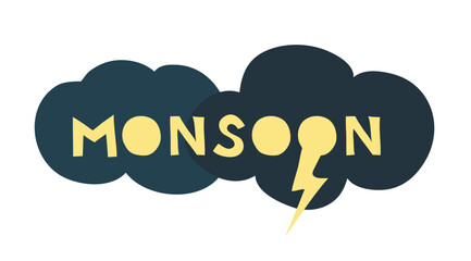 Rainy clouds with hand written text monsoon isolated on white background. Rainy season, overcast clouds and lightning in the rainy season. Monsoon season simple vector illustration