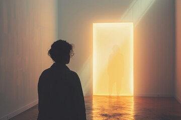 A person walking through a door in a painting mockup featuring a person stepping out of a painting into the real world, blurring the lines between art and reality