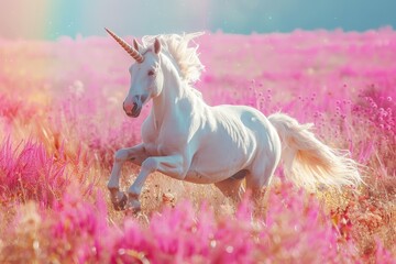 A playful unicorn mockup showcasing a graceful unicorn with a flowing mane and a shimmering horn, displayed in a meadow or against a backdrop of a rainbow.