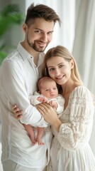 Portrait of young happy man and woman holding newborn cute babe dressed in white unisex clothing, Generative AI