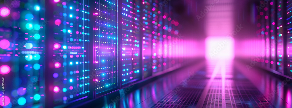Poster a computer server room with a purple light. the room is filled with rows of servers and the lights a