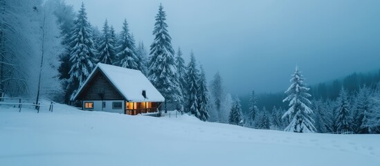 A winter landscape featuring an isolated wooden cabin