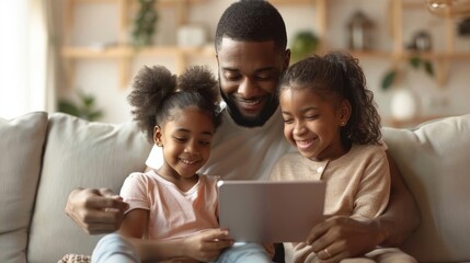 Family holding a tablet and looking at it, Generative AI