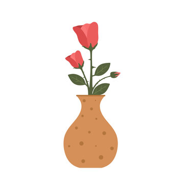 recommend clip art: Red roses in vase. Flower bouquet and blossomed bud. Floral branch of roses and green leaves in ceramic vase for wedding invite card, decoration. Romantic gift. Colored flat vector illustration