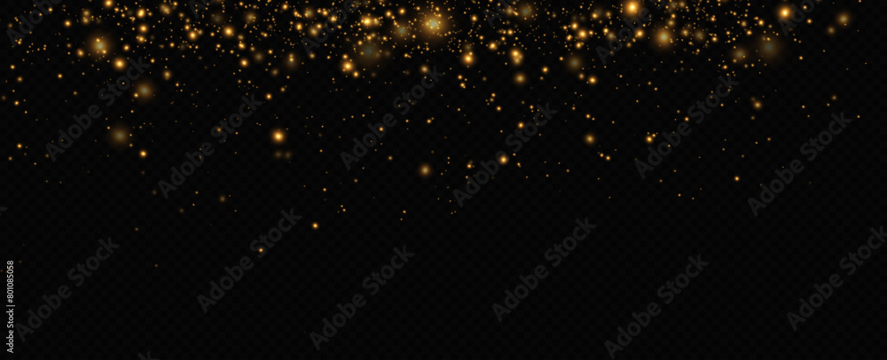 Poster golden sequins glow with many lights. glittering dust. luxurious background of golden particles.