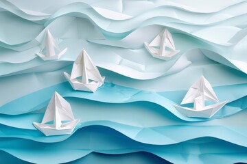 On World Water Day, a paper ocean ripples gently, dotted with paper boats, advocating for water conservation, paper art style concept