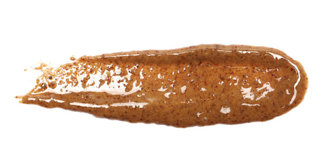 Almond butter spread isolated on white, top view, clipping