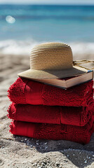 A hat and a book are on top of a stack of towels on a beach. Concept of relaxation and leisure, as the hat
