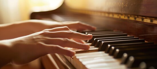 Close-up of woman's hands playing piano