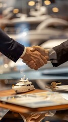 close up of two business men shaking hands over an office desk with documents and yacht models on it
