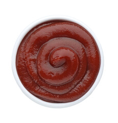 Tasty barbecue sauce in bowl isolated on white, top view