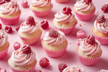 Pink Cupcakes with Raspberries and Cream Topping.
