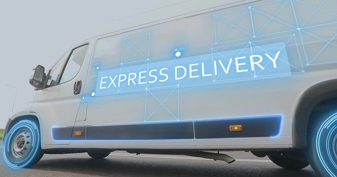 White Delivery Van. Express delivery using smart logistics. Express delivery of goods by white minibus. White minibus with IOT in delivery