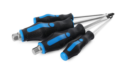Set of screwdrivers with blue handles isolated on white