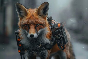 Fototapeta premium Urban foxes outfitted with pollution sensors contribute to city environmental monitoring while they roam the streets Sharpen close up strange style hitech ultrafashionable concept