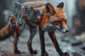 Urban foxes outfitted with pollution sensors contribute to city environmental monitoring while they roam the streets Sharpen close up strange style hitech ultrafashionable concept - obrazy, fototapety, plakaty