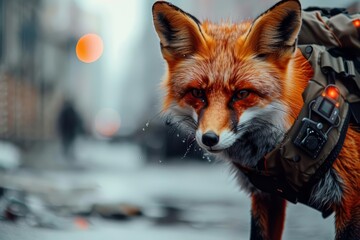 Fototapeta premium Urban foxes outfitted with pollution sensors contribute to city environmental monitoring while they roam the streets Sharpen close up strange style hitech ultrafashionable concept