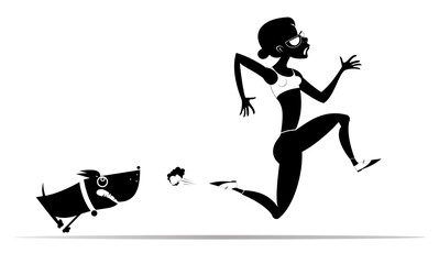 Cartoon running woman and angry dog. 
Frightened sport woman runs away from the mad dog.  Black and white illustration
