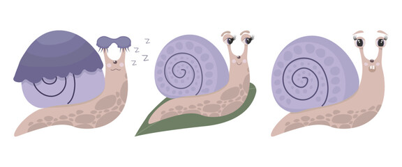 A set of cute snail stickers with different emotions