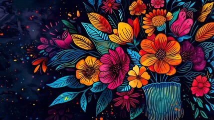 Retro colorful bunch of flowers is sitting in a vase illustration poster background
