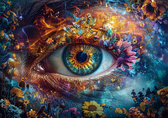 A mesmerizing digital artwork depicting an eye surrounded by vibrant colors and intricate patterns, with delicate flowers blooming from the eyelashes