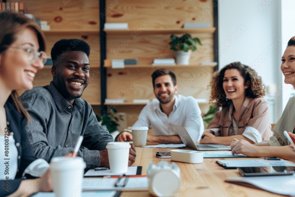 Wall mural smiling diverse colleagues gather in boardroom brainstorm discuss financial statistics together, gen