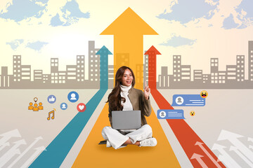 Beautiful young lady sitting with laptop on the upward arrow symbolizing growth and promotion