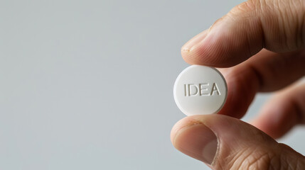 White round pill with text IDEA in hands, white background, copy space. Business marketing template. Generative AI