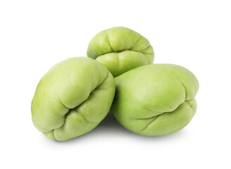 Many fresh green chayote isolated on white