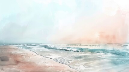 Soft watercolor depiction of a quiet beach with dunes and sparse sea grass, the muted colors reflecting a peaceful solitude