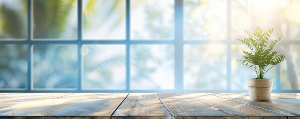 Empty wooden table top with blurred bokeh background of window and blue glass wall interior for product display montage, ecommerce concept