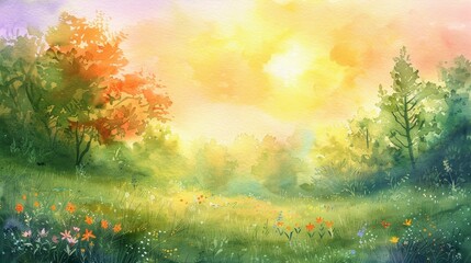 Soft watercolor depiction of a sunrise over a gentle meadow, the warm colors blending to create a soothing atmosphere
