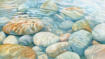 Fototapeta premium Soft watercolor illustration of shallow clear waters over smooth pebbles, the ripple effect offering a peaceful visual for clinic corridors