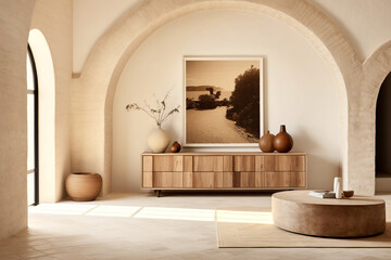 Obraz premium Boho, mediterranean interior design of modern home entryway, hall with arched walls.