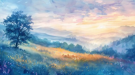 Soft watercolor of a gentle valley at sunrise, the early light casting a peaceful glow over dew-kissed meadows