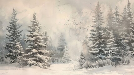 Soft watercolor of a quiet winter scene with snow-covered trees, promoting a sense of quiet and reflective solitude
