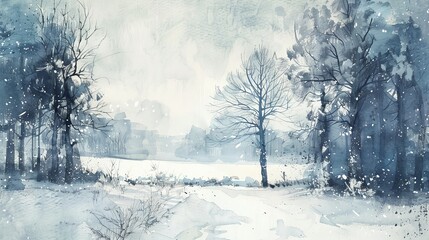 Soft watercolor of a quiet winter scene with snow-covered trees, promoting a sense of quiet and reflective solitude