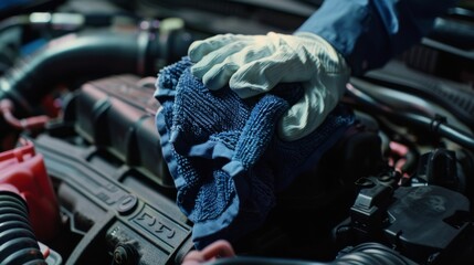 A mechanic wearing a white glove is wiping an engine with a blue rag.