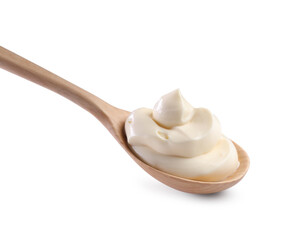 Natural yogurt in wooden spoon isolated on white