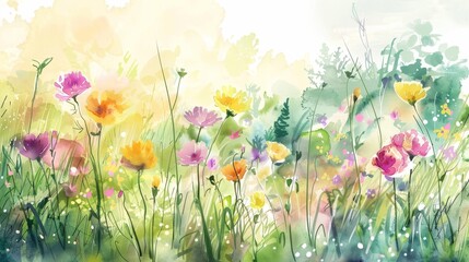 Soft watercolor scene of wildflowers swaying in a gentle breeze, their vibrant colors offering a soothing visual escape