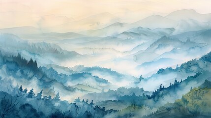 Soft watercolor scene of rolling hills covered in morning fog, the ethereal quality providing a calming backdrop for healing spaces