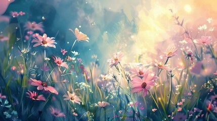 Soft watercolor scene of wildflowers swaying in a gentle breeze, their vibrant colors offering a soothing visual escape
