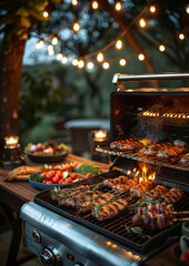 Friends gathered around a patio BBQ grill. Assortment of delicious meats, and an array of baked foods and drinks.	