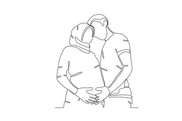 Continuous single line drawing of a HHusband kissing pregnant wife. concept of a family newly married and given a child, illustration of the popular single line drawing, concept of single line design.