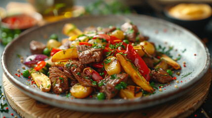 Bring the flavors of Peruvian salt ado to life in a photorealistic scene of the stir fry dish with fries and veggies