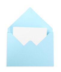 Light blue letter envelope with card isolated on white, top view