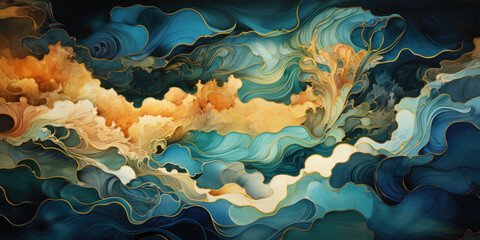 Waves of liquid gold and indigo intertwine into a magical natural cascade.