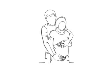 Continuous single line drawing of a Husband lovingly hugs pregnant wife. concept of a family newly married and given a child, illustration of the popular single line drawing, concept of single line de