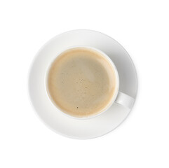 Aromatic coffee in cup isolated on white, top view